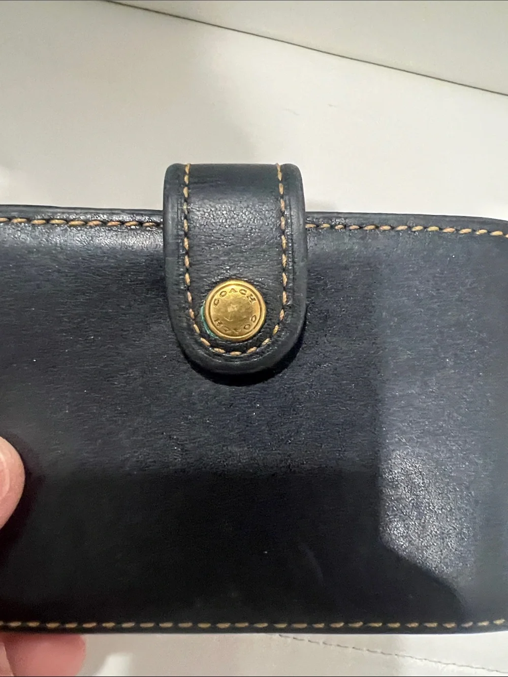 Coach Black Leather Snap Card Wallet with Contrast Stitching